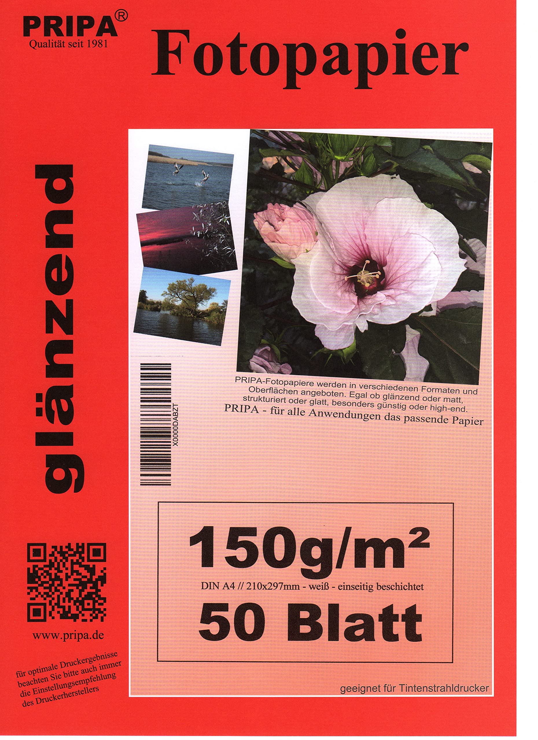 pripa - Papel fotográfico brillant para impresora de inyección de tinta (secado rápido, impermeable, 50 hojas, A4, 150 g)
