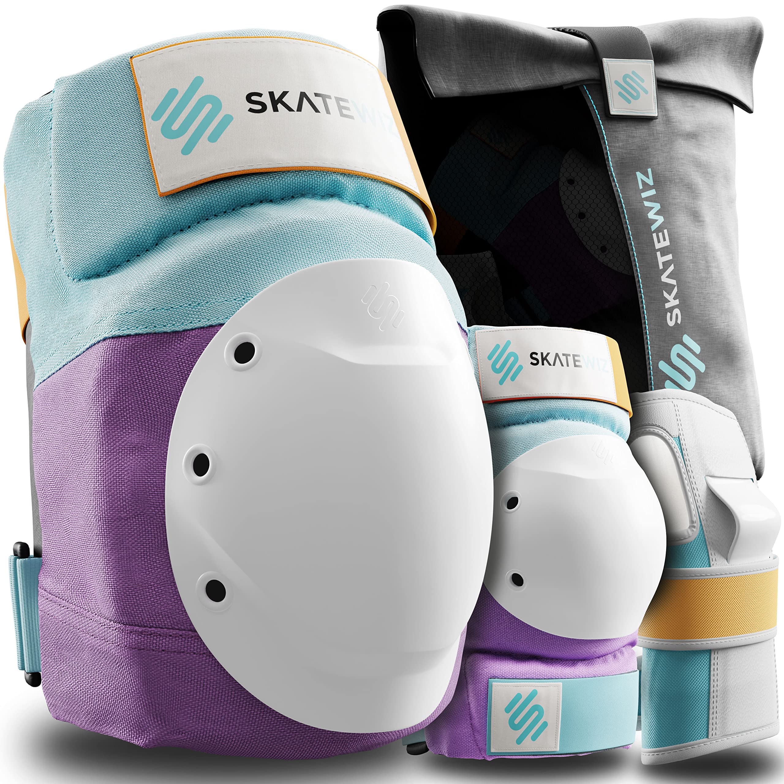 SKATEWIZ Knee and Elbow Pads Adult - Skating Protective Gear - Skate Pads with Wrist Guards - SHIELD - Size M Lavender Blue - Skateboard, Inline Skates, Scooter, BMX