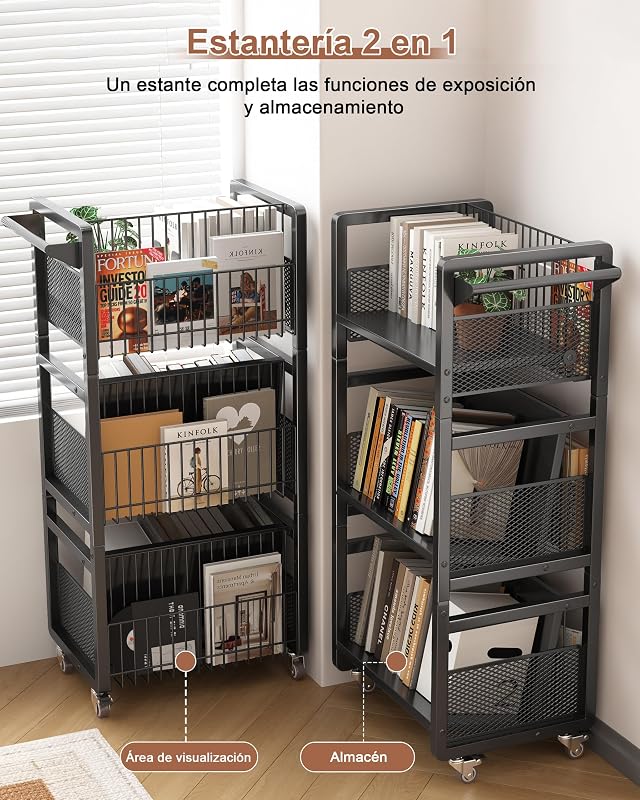 Librería con Ruedas 3 Niveles, Estantería Metálica Móvil, Negro