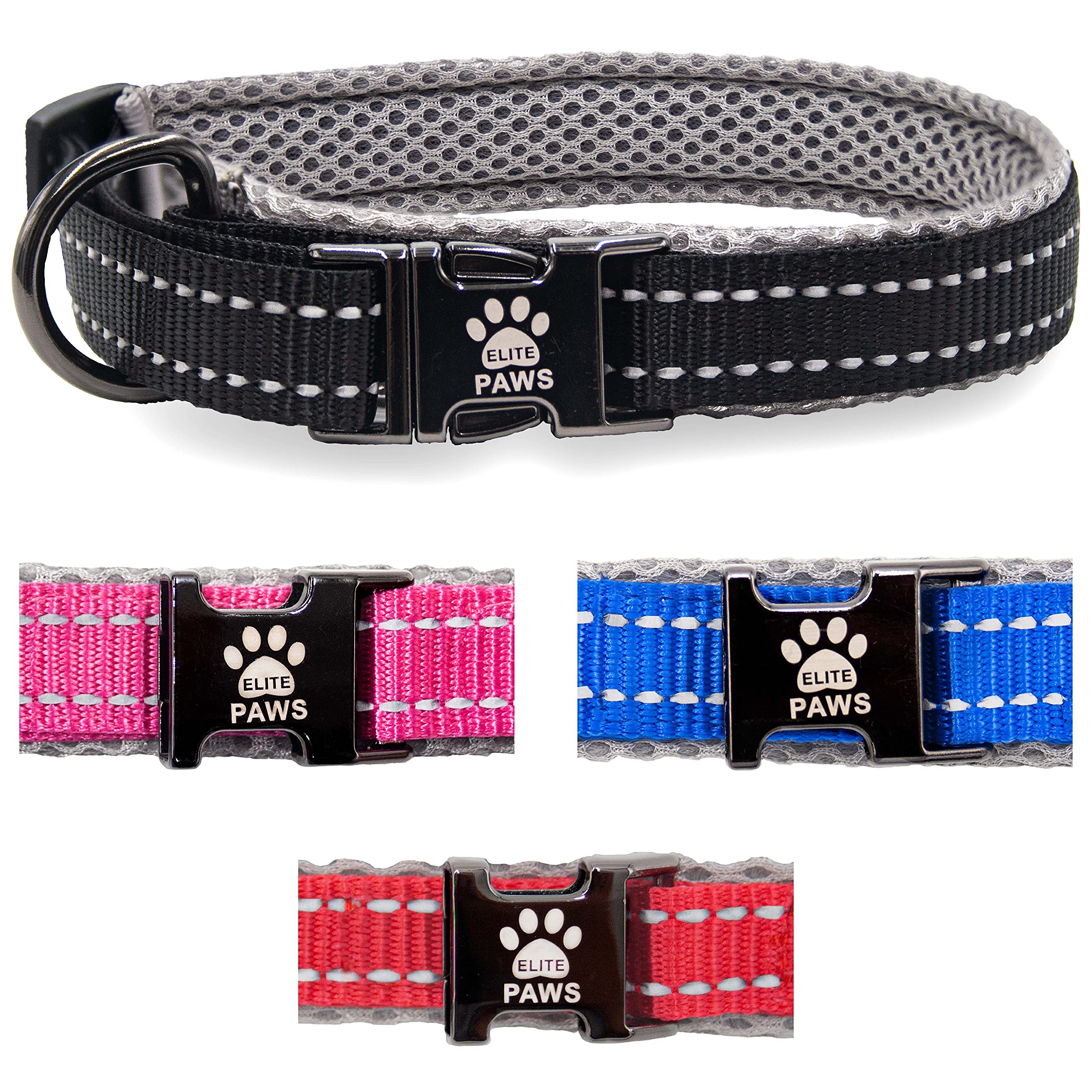 Elite Paws® UK: Premium Metal Buckle Dog Collar, Strong, Safe, Padded, Comfortable, Reflective, Adjustable, Secure Fit with Metal Lead Attachment, Puppy Walking/Training Product (40-45cm Black/Grey)