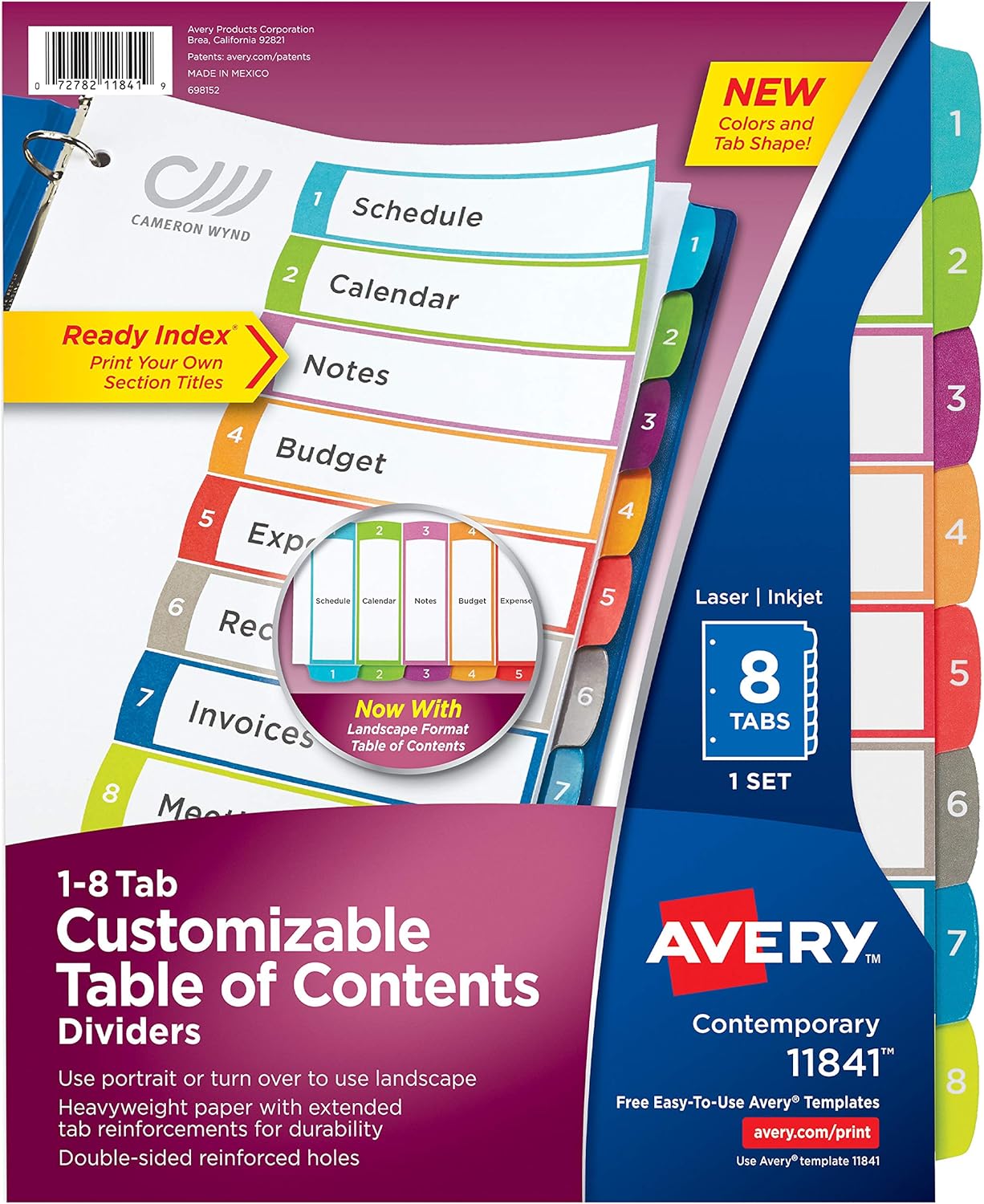 Avery 8-Tab Dividers for a 3 Ring Binders, Customizable Table of Contents, Multicolor Tabs, 1 Set (11841) : Office Products