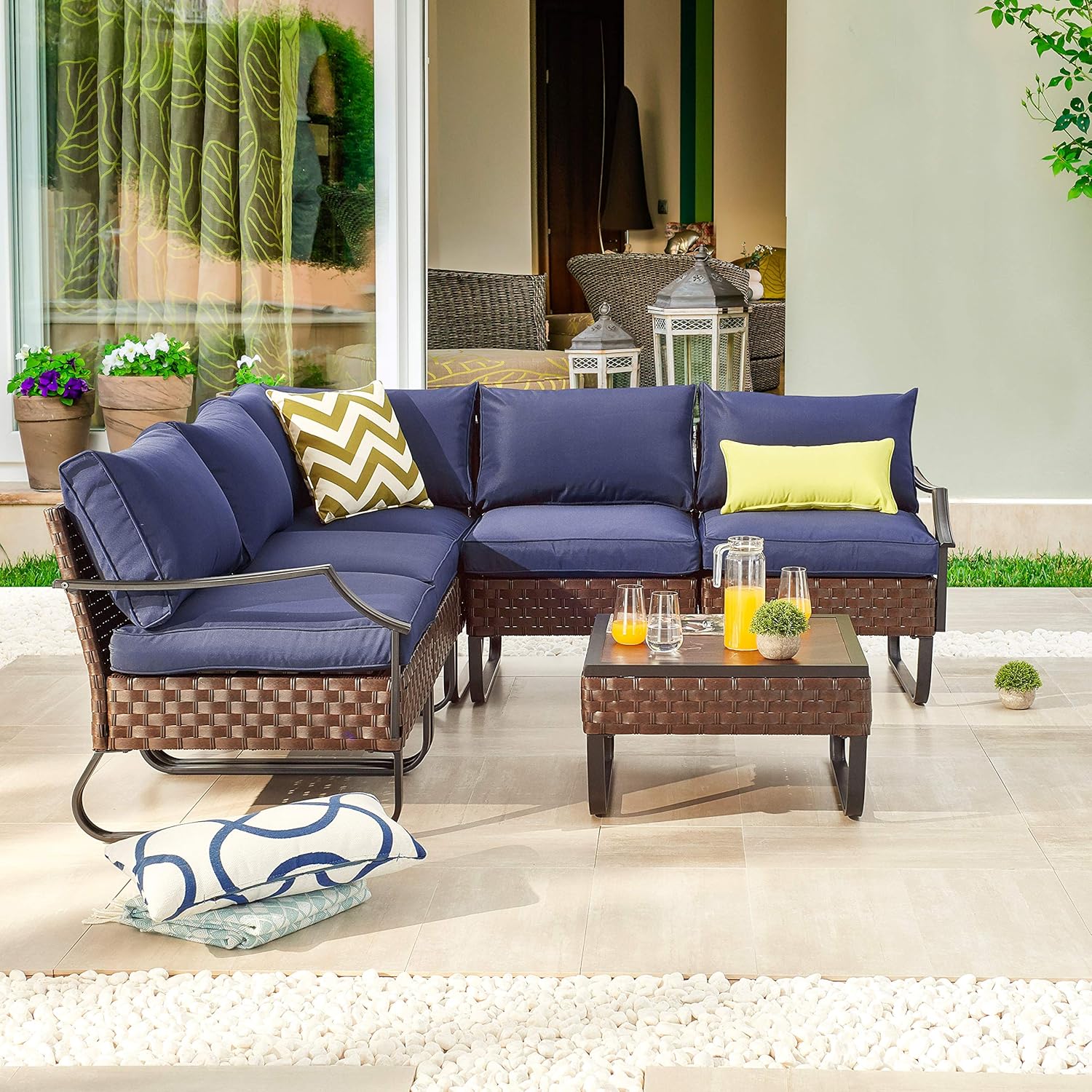 LOKATSE HOME Sectional Conversation Sofa 6 Pcs Outdoor Patio Rattan Furniture Set All-Weather Wicker Metal Frame Chairs with Cushion & Coffee Table, Blue: Garden & Outdoor