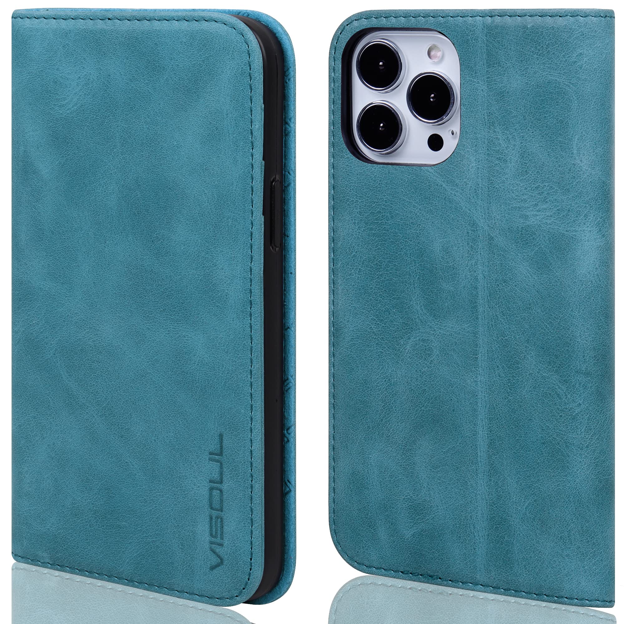 VISOUL Wallet Case Compatible for iPhone 13 Pro 6.1" 2021 Genuine Leather Folio Case, RFID Blocking, Magnetic, 3 Credit Card Slots, Kickstand, Shock Absorbing-Blue