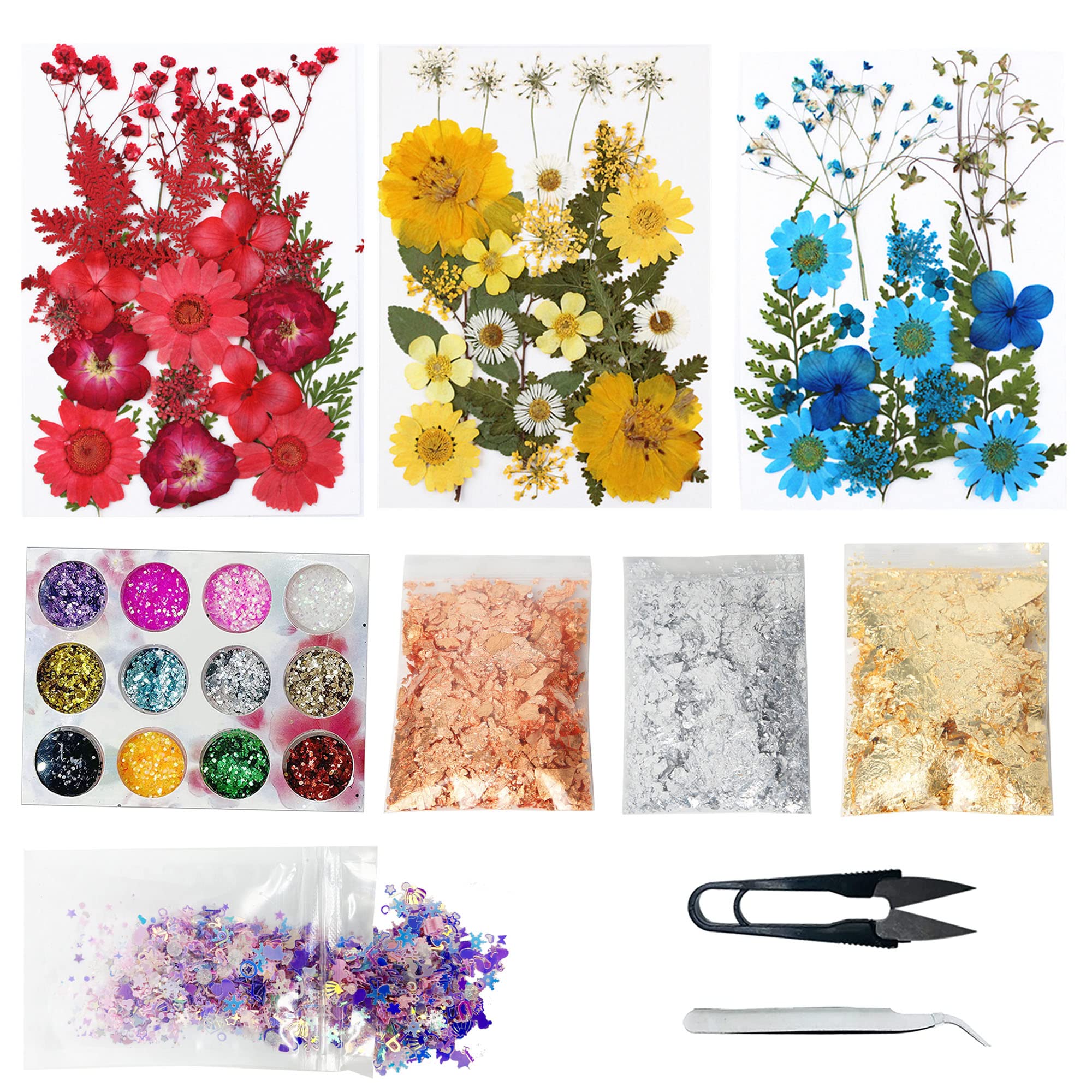 Cayway 82 PCS Natural Dried Pressed Flowers Leaves Glitter and Accessories Kit with Tweezers, Scissors for DIY Candle Resin Jewelry Nail Pendant Crafts Art Floral Decoration