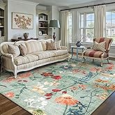 PureCozy Green Area Rug 6x9 Floral Washable Living Room Kitchen Boho Carpet Non Slip Low Pile Indoor Accent Lightweight Soft Throw Rug for Bedroom Office Dining Room Nursery Farmhouse