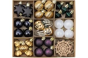 DECOR BY HANNAH DecorbyHannah Halloween Tree Ornaments Decorations Indoor, 45ct Mini Black Gold Hanging Halloween Ornaments for Small Tree with Skeleton Hand, Jack-o'-Lantern and Spider Web for Home Party Table Decor