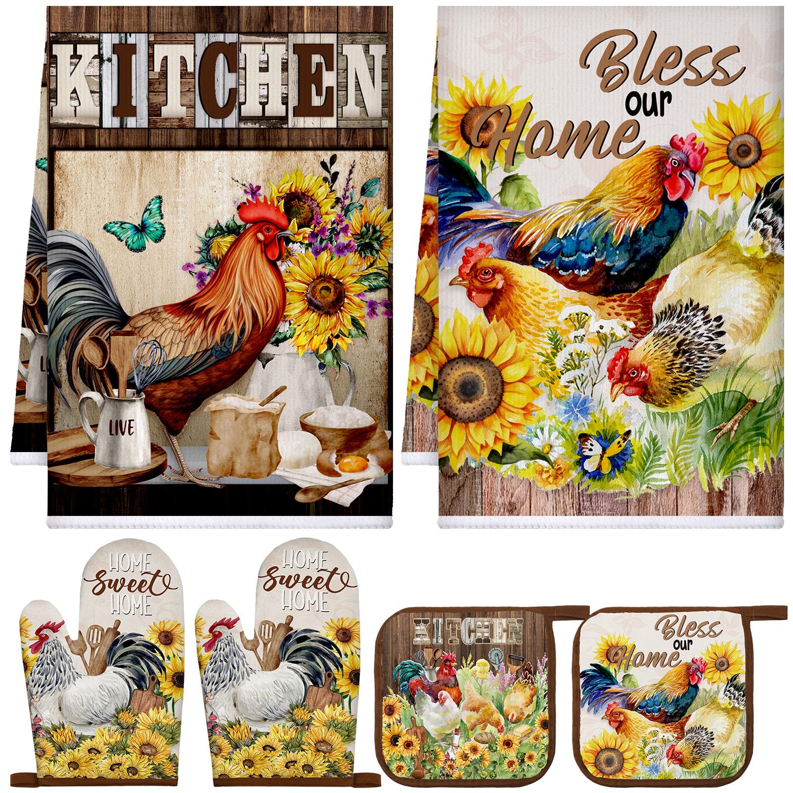 Photo 1 of Leinuosen 6 Rooster Sunflower Farmhouse Kitchen Decor Dish Towels Oven Mitts and Pot Holders Sets Chicken Kitchen Towels Absorbent Decorative Accessories for Cooking Baking Grilling