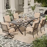 ASJMR 7 Piece Outdoor Dining Table and Chairs for 6, Rectangular Patio Dining Table with Umbrella Hole with 2 Swivel Rocking Dining Chairs with Cushions, Lawn Garden Outdoor Table and Chairs-Sand