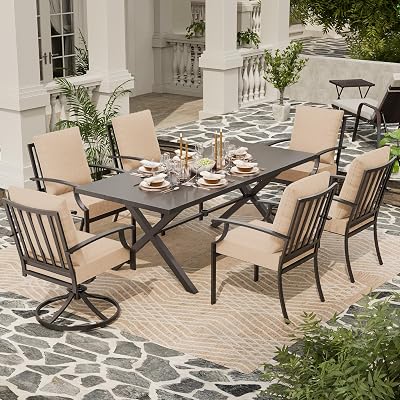 ASJMR 7 Piece Outdoor Dining Table and Chairs for 6, Rectangular Patio Dining Table with Umbrella Hole with 2 Swivel Rocking Dining Chairs with Cushions, Lawn Garden Outdoor Table and Chairs-Sand