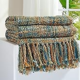 GINAMUSE Multi-Color Gold Green Cable Knitted Throw Blanket for Couch,50"X60" Boho Style Textured Blankets for Home Decor,Super Soft Warm Cozy Chunky Knit Blanket with Decorative Tassels for Bed