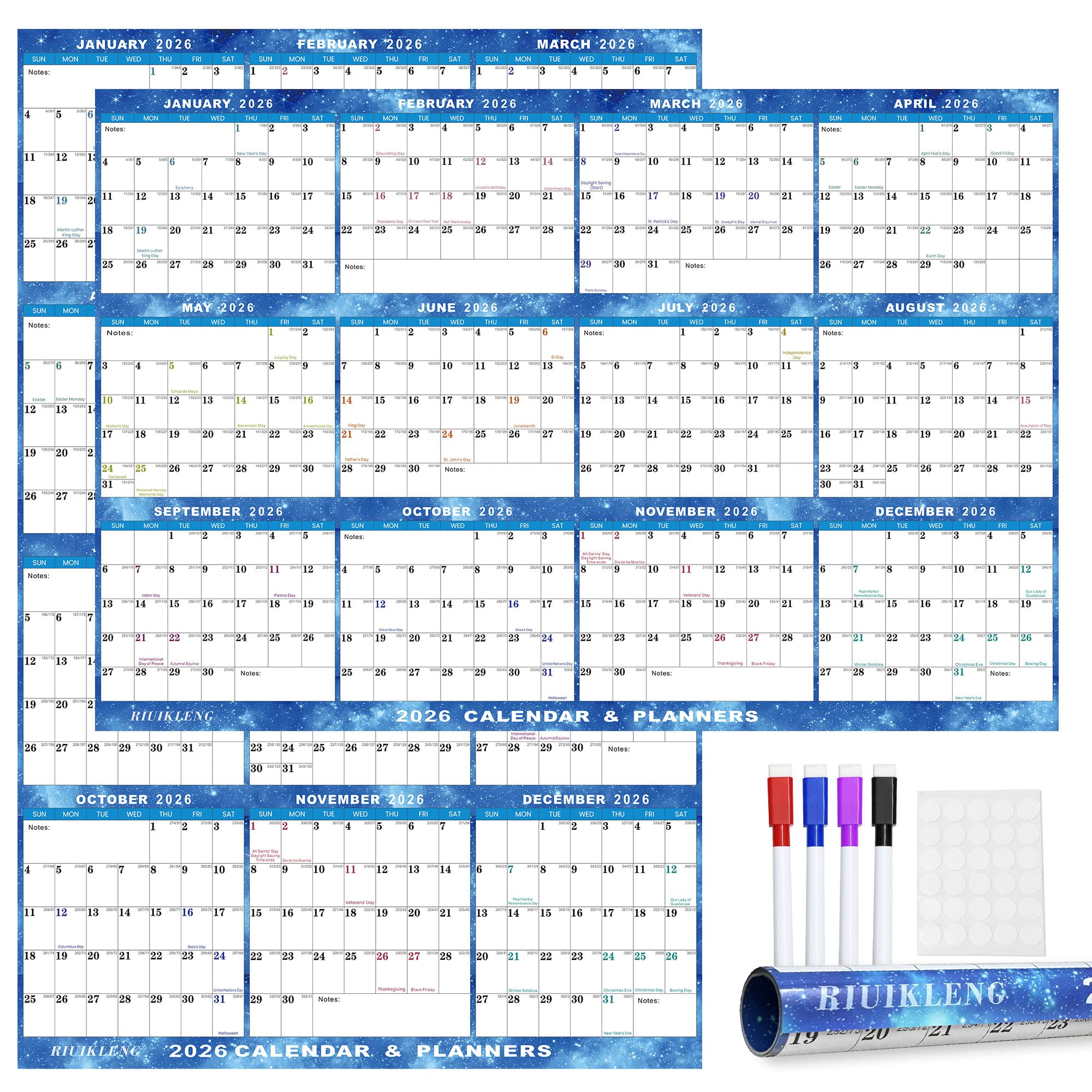 Photo 1 of 32" x 48" 2026 Wall Calendar Erasable Starry Sky, Wet & Dry Erase Large Laminated Annual Yearly Planner - 12 Month Horizontal/Vertical Calendar January to December for Easy Planning, Organizing