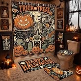 8 Pcs Halloween Shower Curtain Set Vintage Trick or Treat Bathroom Decor | Gothic Skeleton Pumpkin Ghost Skull Bat, Black Cat, 1 Curtain 4 Towels 1 Rug 1 Toilet Cover, 1 Non Slip Bath Mat, 12 Hooks