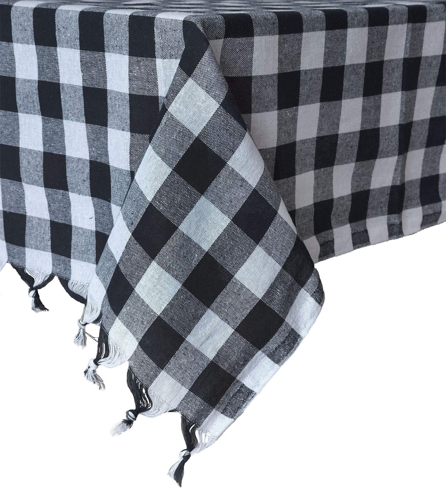 Tablecloth Checkered Buffalo Check Plaid Linen Cotton Picnic Blanket Table Cover Mantel (Black and White, 55 x 55'')