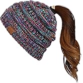 C.C Exclusives Soft Stretch Cable Knit Messy Bun Ponytail Beanie Winter Hat for Women (MB-20A)