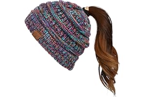 C.C BeanieTail Soft Stretch Cable Knit Messy High Bun Ponytail Beanie Hat