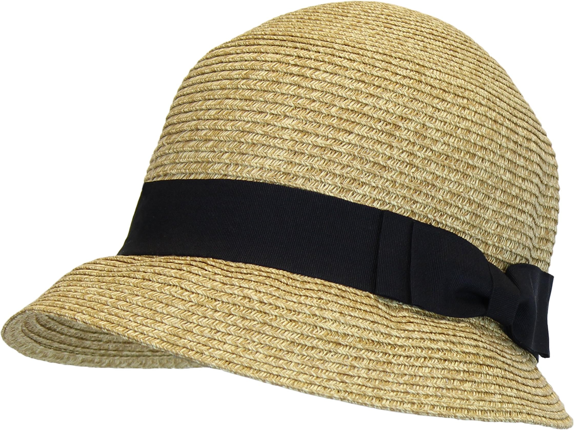 Women’s Backless Bucket Straw Hat, UV Protection Summer Cloche w/ Ribbon Trim