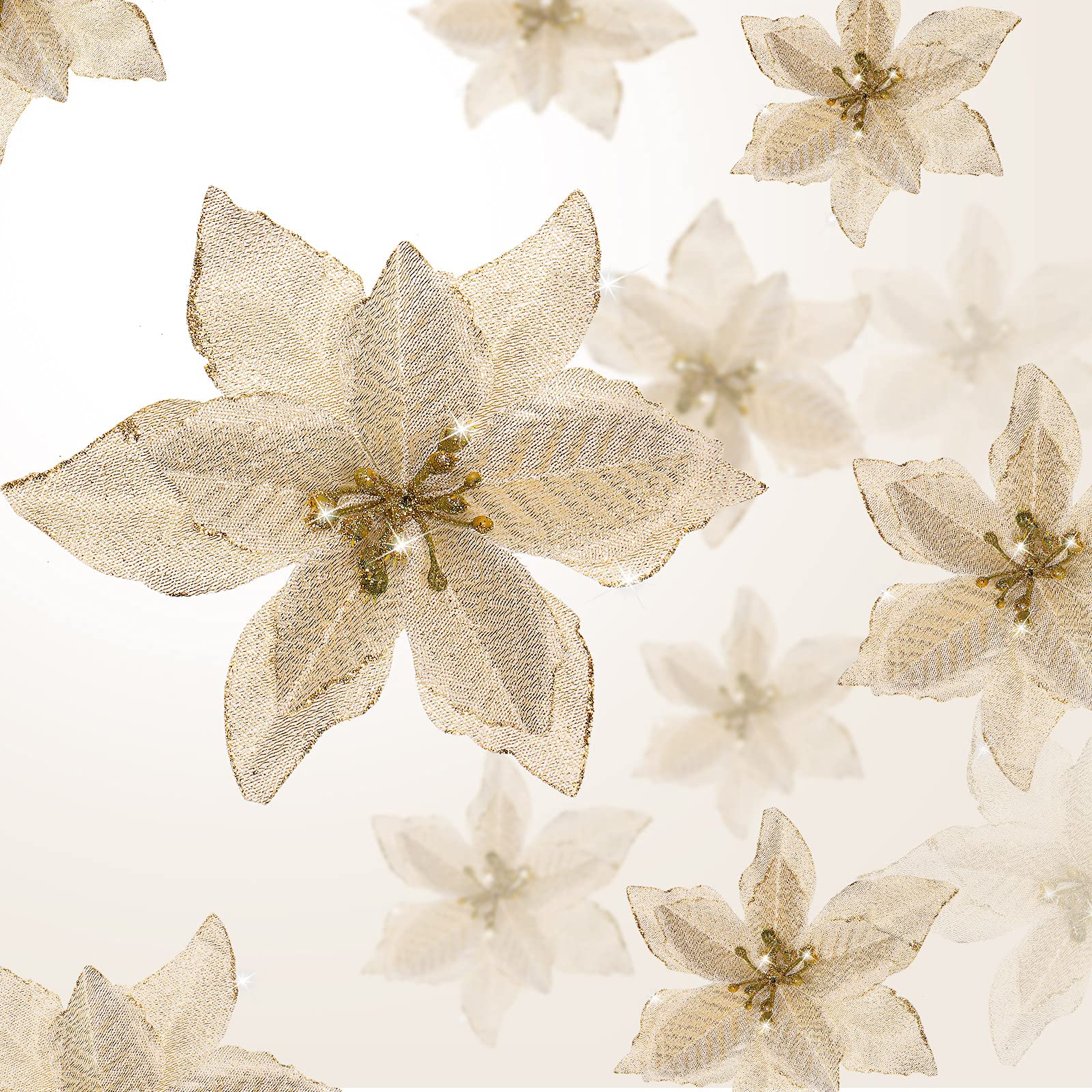 WILLBOND 24 Pieces 3 Size Christmas Glitter Poinsettia Flowers Wedding Faux Flowers Christmas Decoration Ornaments For Christmas tree New Year Home Outdoor Decoration (Gold,3.2/4/6 Inches)