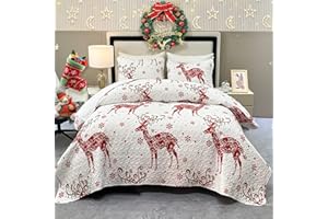 VIVILINEN Christmas Quilt Set Queen Size White Red Xmas Tree Snowflake Reindeer Quilted Bedspread Coverlet Set 3 Piece Christmas Bedding Set Reversible Lightweight Comforter Bed Cover Blanket with 2 Pillowcases