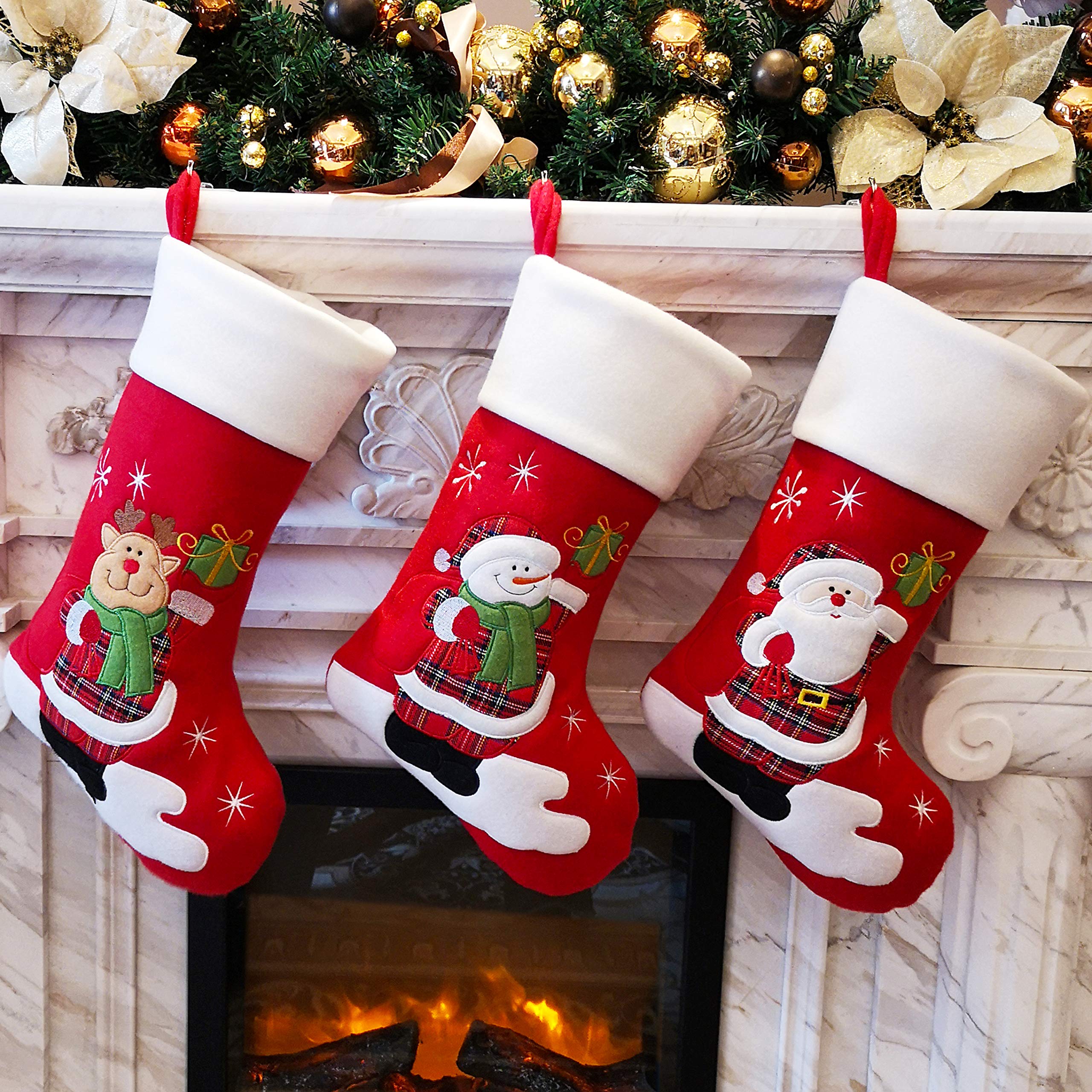 WEWILL Brand Red Traditional Christmas Stockings Set of 3 Santa Reindeer Snowman with Snowflake (Style 2)