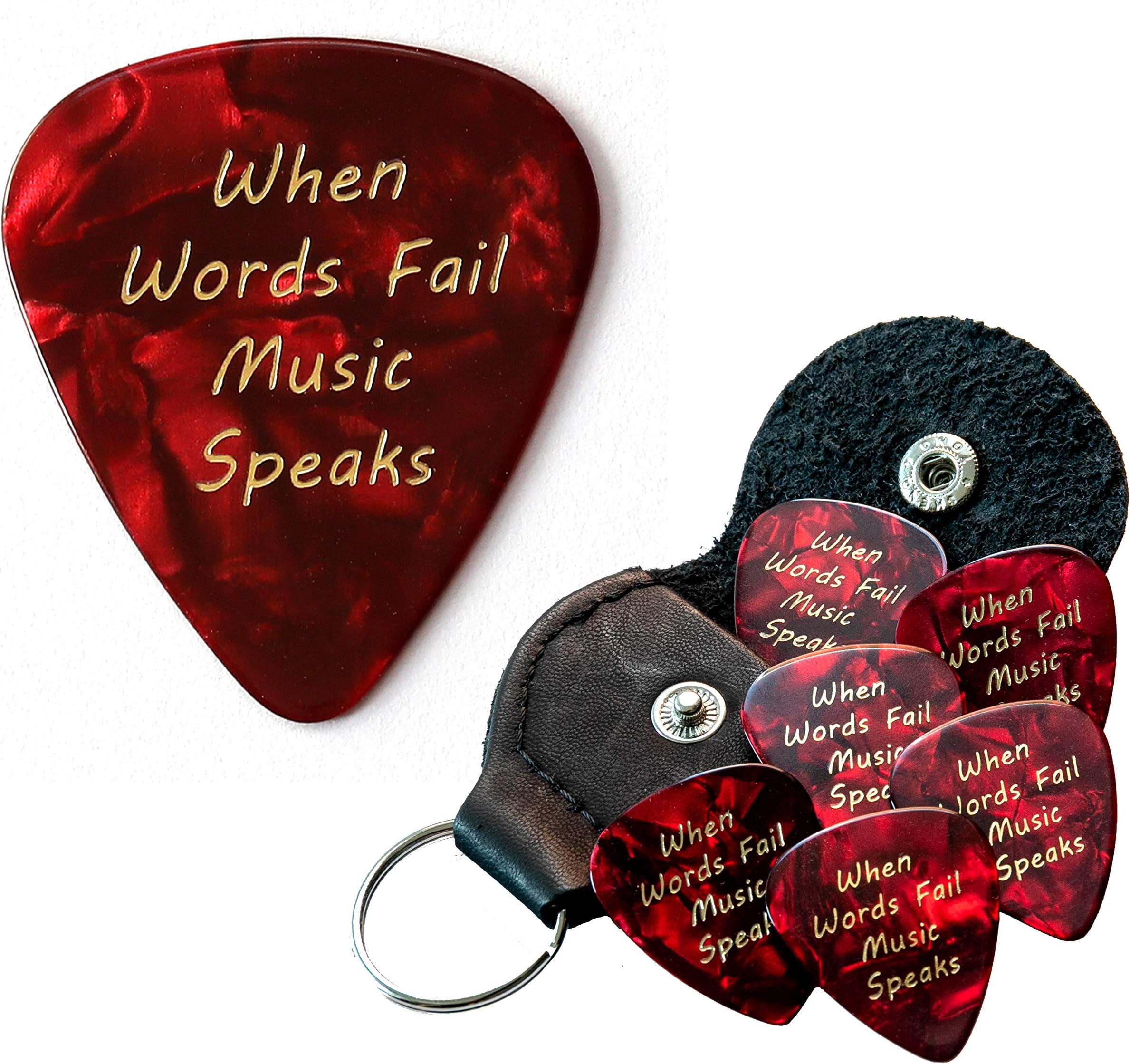 When Words Fail Music Speaks 6 Guitar Picks With Leather Plectrum Holder Keyring