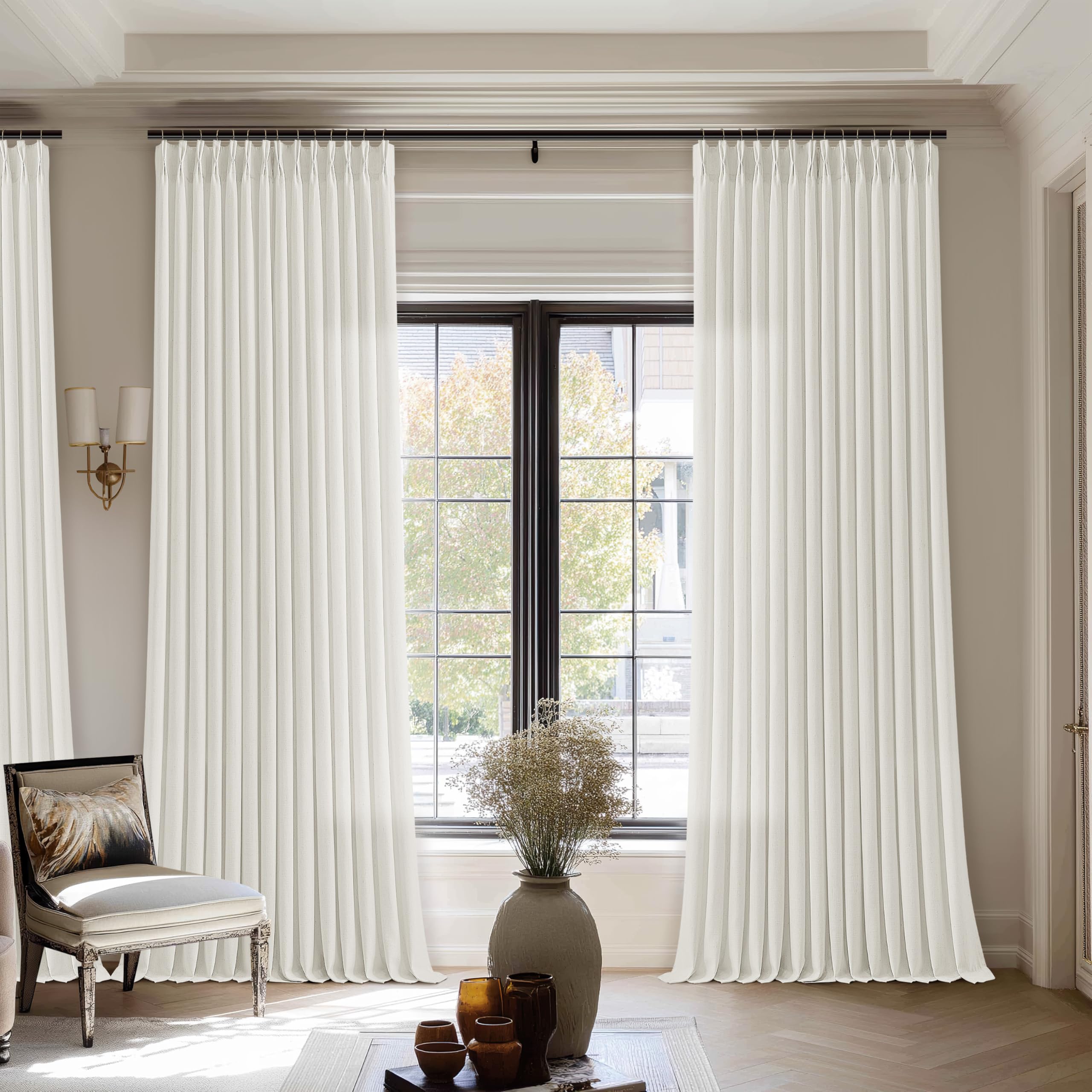 Photo 1 of Natural Pinch Pleated Curtains 120 Inch Length for High Ceiling Living Room Extra Wide Linen Drapes Hooks Rings Back Tab Cream Ivory Semi Sheer Light Filtering Luxury 70 x 120 Inch Curtain 1 Panel