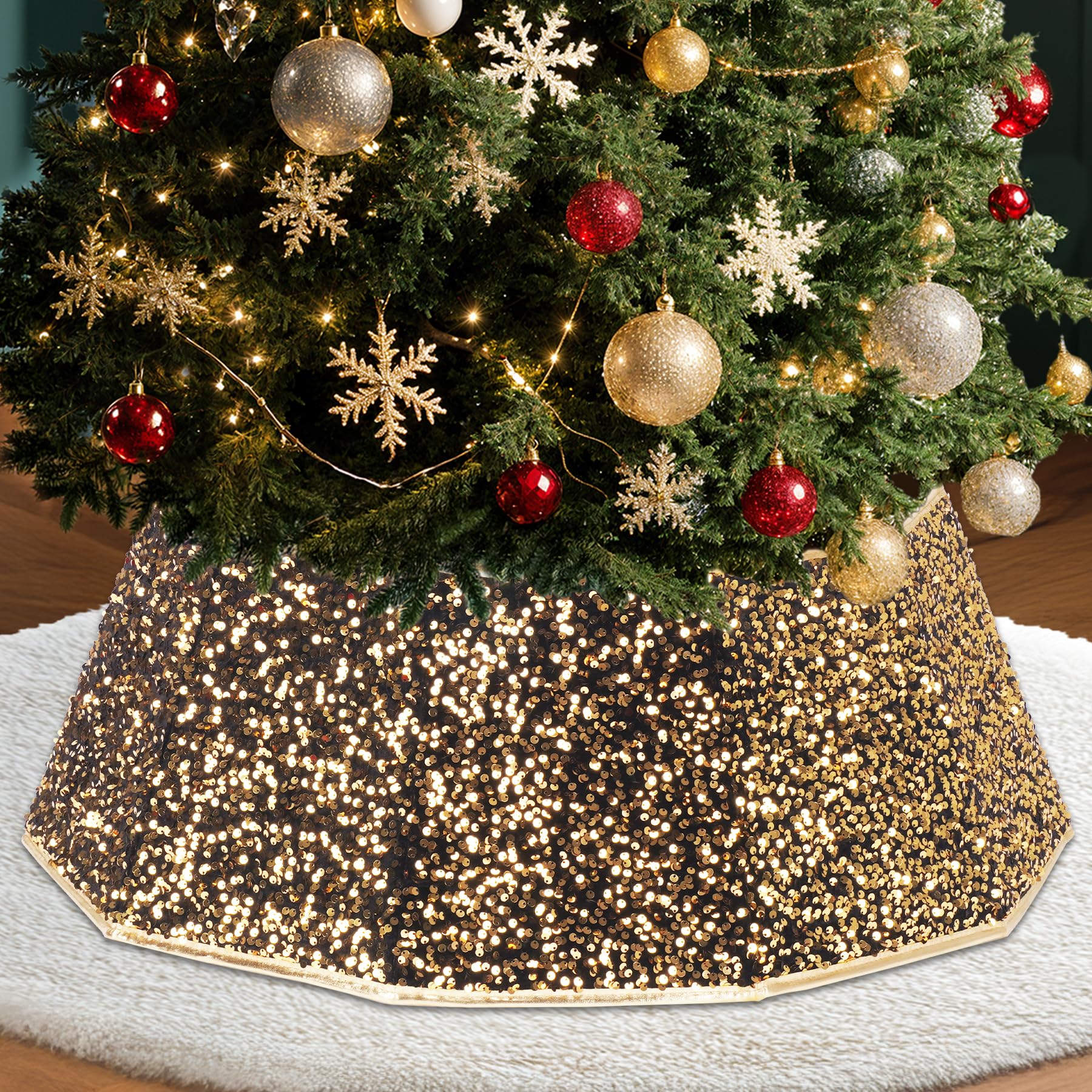 Photo 1 of 29 inch Decagonal Shape Christmas Tree Skirt - Sparkling Glitter Fabric, Foldable Design for Easy Setup & Storage for Christmas and Halloween Decoration Trees with a Height of Less Than 9 FT