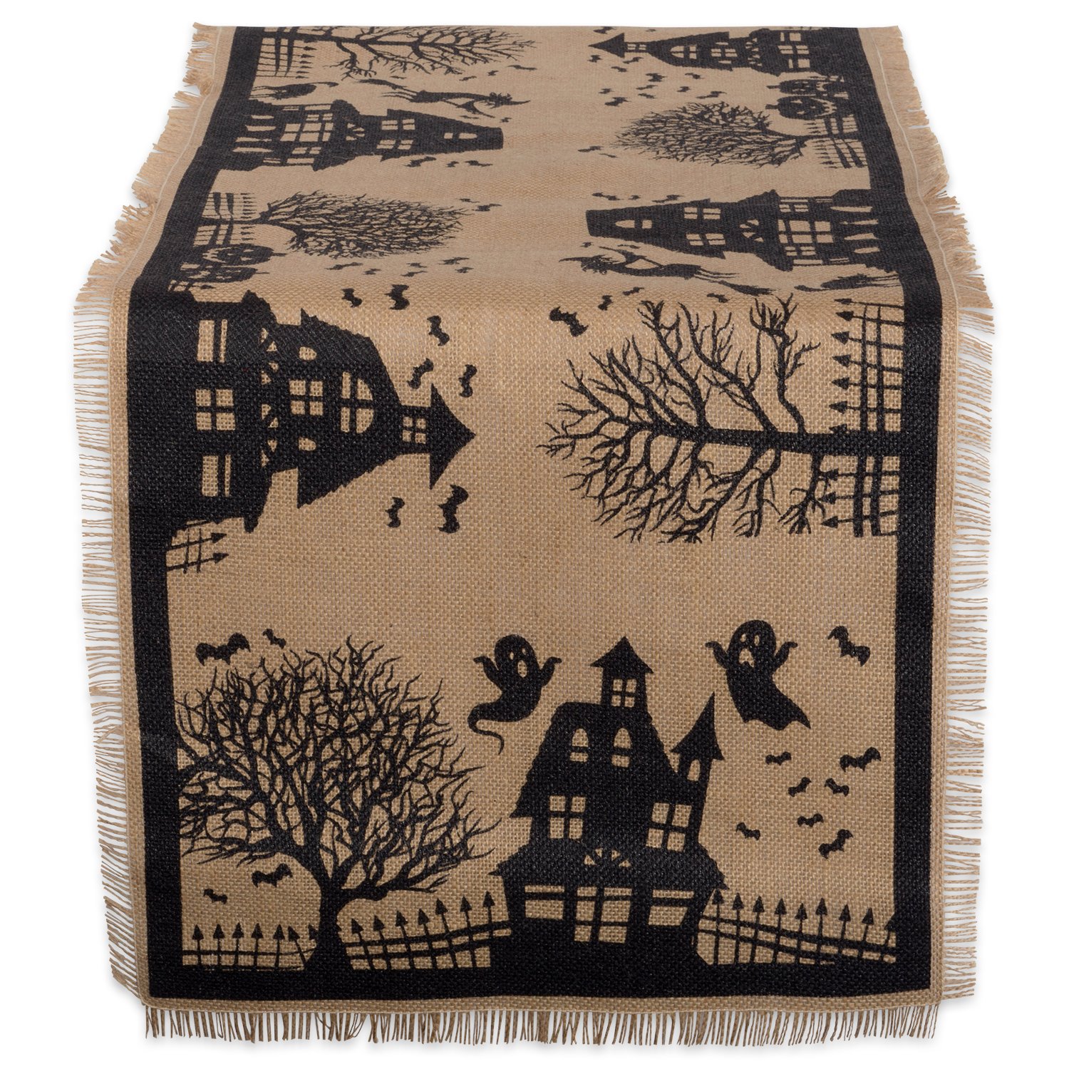 DII 14x74" Jute/Burlap Table Runner, Haunted House - Perfect for Halloween, Dinner Parties and Scary Movie Nights