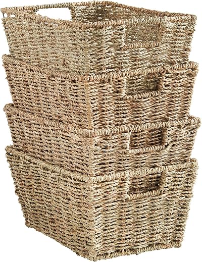 VonHaus Seagrass Storage Baskets Set of 4 Hand-Woven Hampers with Handles