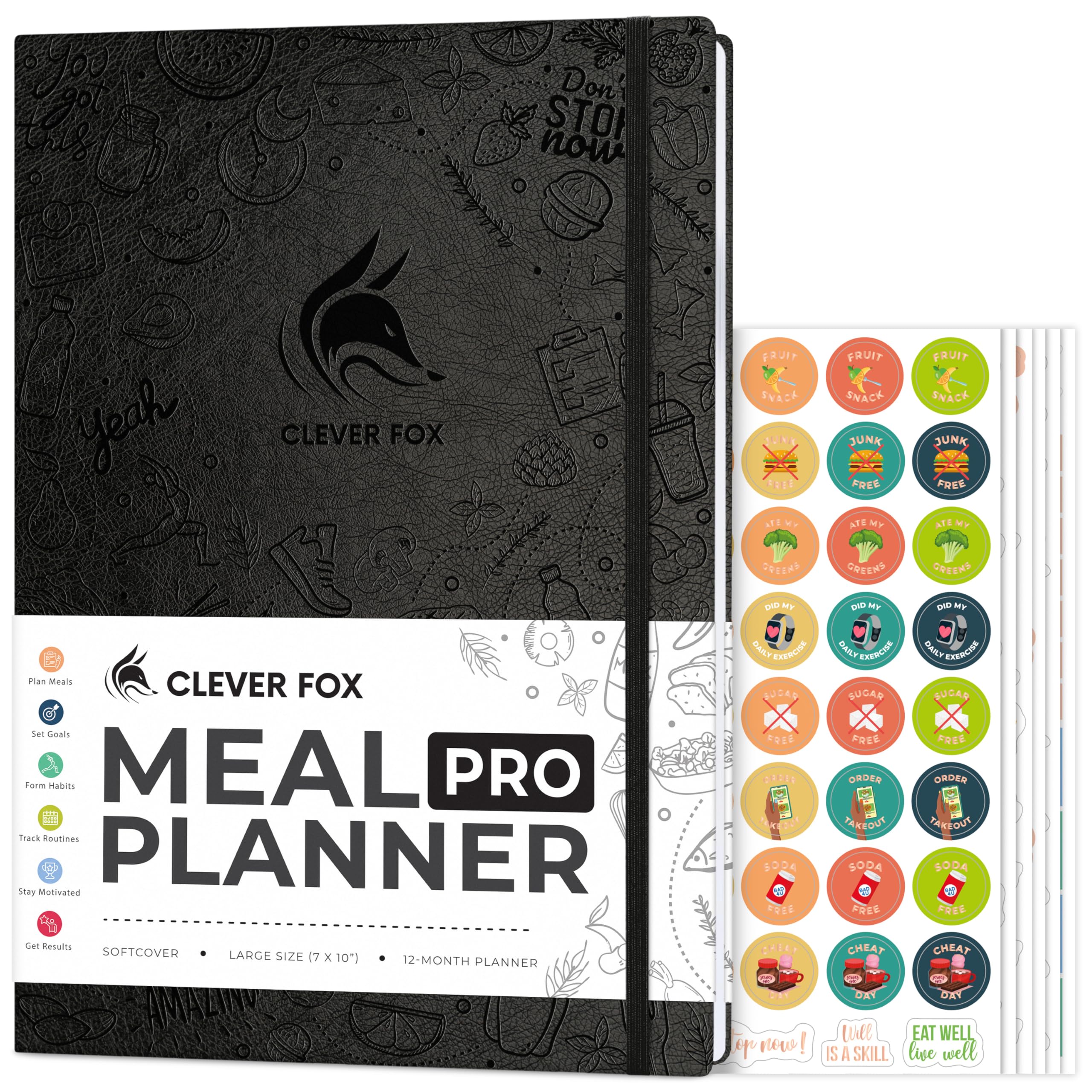 Clever Fox Meal Planner PRO – Weekly Meal Prep & Nutrition Journal with Grocery List & Weigh Loss Tracker – Diet & Fitness Log Book (Black)
