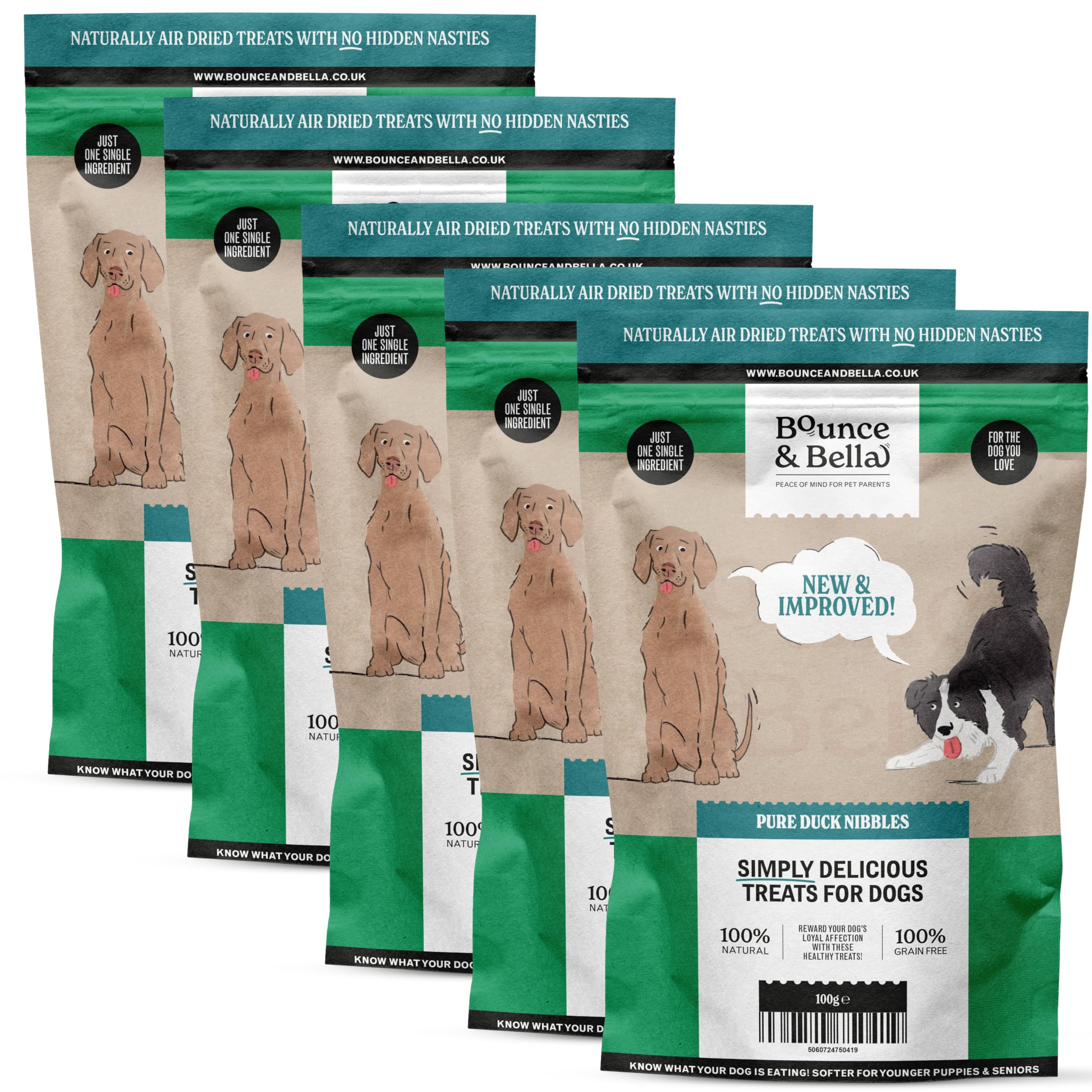 Bounce and Bella Pure Duck Nibbles – 100% Natural, Single-Ingredient Dog Treats – Grain-Free, No Nasties, Perfect for Puppies & Dogs of All Ages (5 Pack)