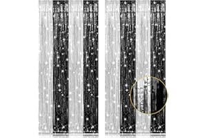 PIGETALE, 2 Pack 3.2 x 8.2 ft Black and Silver Foil Fringe Curtains Party Decorations, Sparkle Tinsel Curtain Photo Backdrop for Birthday Wedding Graduation Stream