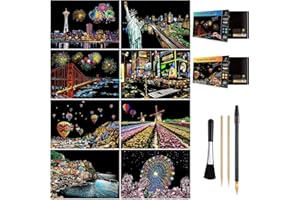 AP ARTSPER Scratch Art for Teens & Adults, Rainbow Engraving Painting Landscape Scratchboard(A4) Crafts Set: 8 Sheets with 4 tools - New York, Statue of Liberty, Golden Gate Bridge, Manarola (America / Europe)