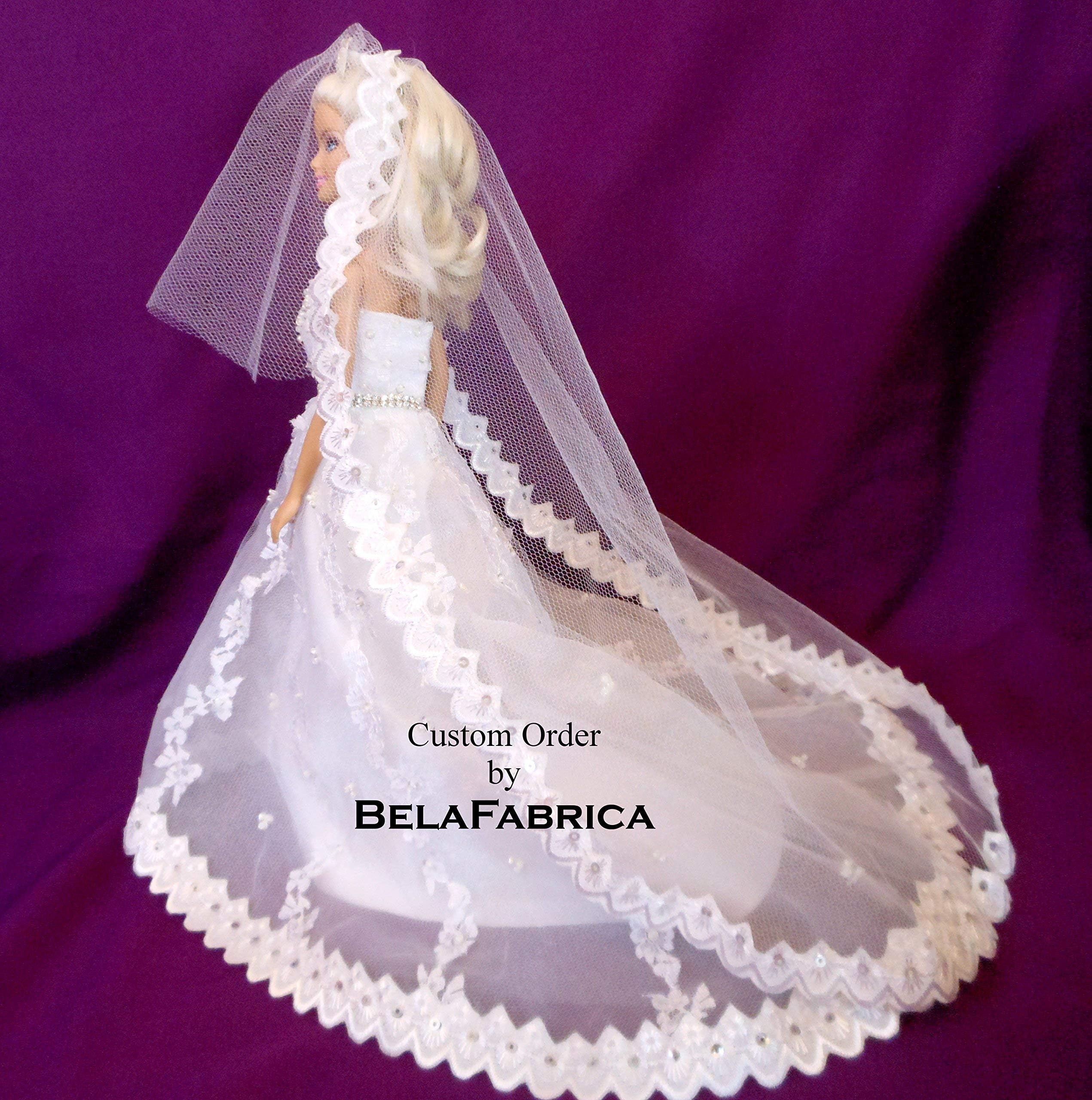 Wedding Cake Topper Bridal Shower Gift Centerpiece Custom Miniature Replica Gown Lace Mantilla Cathedral Veil Tiara Scalloped Handmade 1:12 1:6 1/6 scale Doll Gift for Bride Keepsake Mini Dress