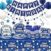 185pcs Happy Birthday Decorations Blue and Silver Plates Napkins Disposable Tableware Set Paper Cups Banner Tablecloth for Men Women Birthday Party Supplies Serves 24 Guests