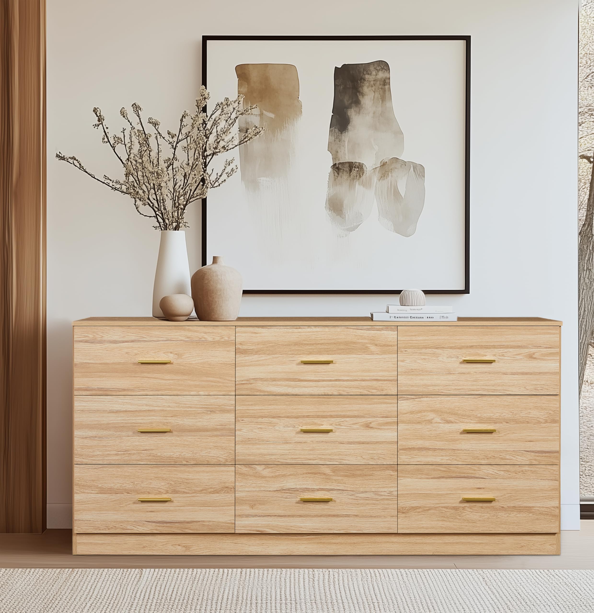 Photo 1 of ***BOX DAMAGED, POSSIBLE MISSING PARTS *** Miscoos 9 Drawer Dresser, 62.9" Large Deep Chest of Drawers, Wooden Dresser Storage Cabinet with 9 Drawers for Bedroom, Long Natural Dressers for Living Room, Hallway, Nursery