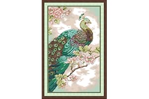 Maydiyer Counted Cross Stitch Kits for Adults,14CT Unprinted Pattern Embroidery Kits for Beginners,Easy Cross-Stitch Set DMC Threads Needlework-Green Peacock 11.8''×18.1''