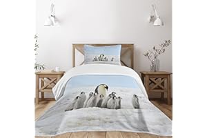 Lunarable Underwater Bedspread, Penguins Mom and Younger Ones Adventurous Holidays Ice Travel Print, Decorative Quilted 2 Piece Coverlet Set with Pillow Sham, Twin Size, White Blue
