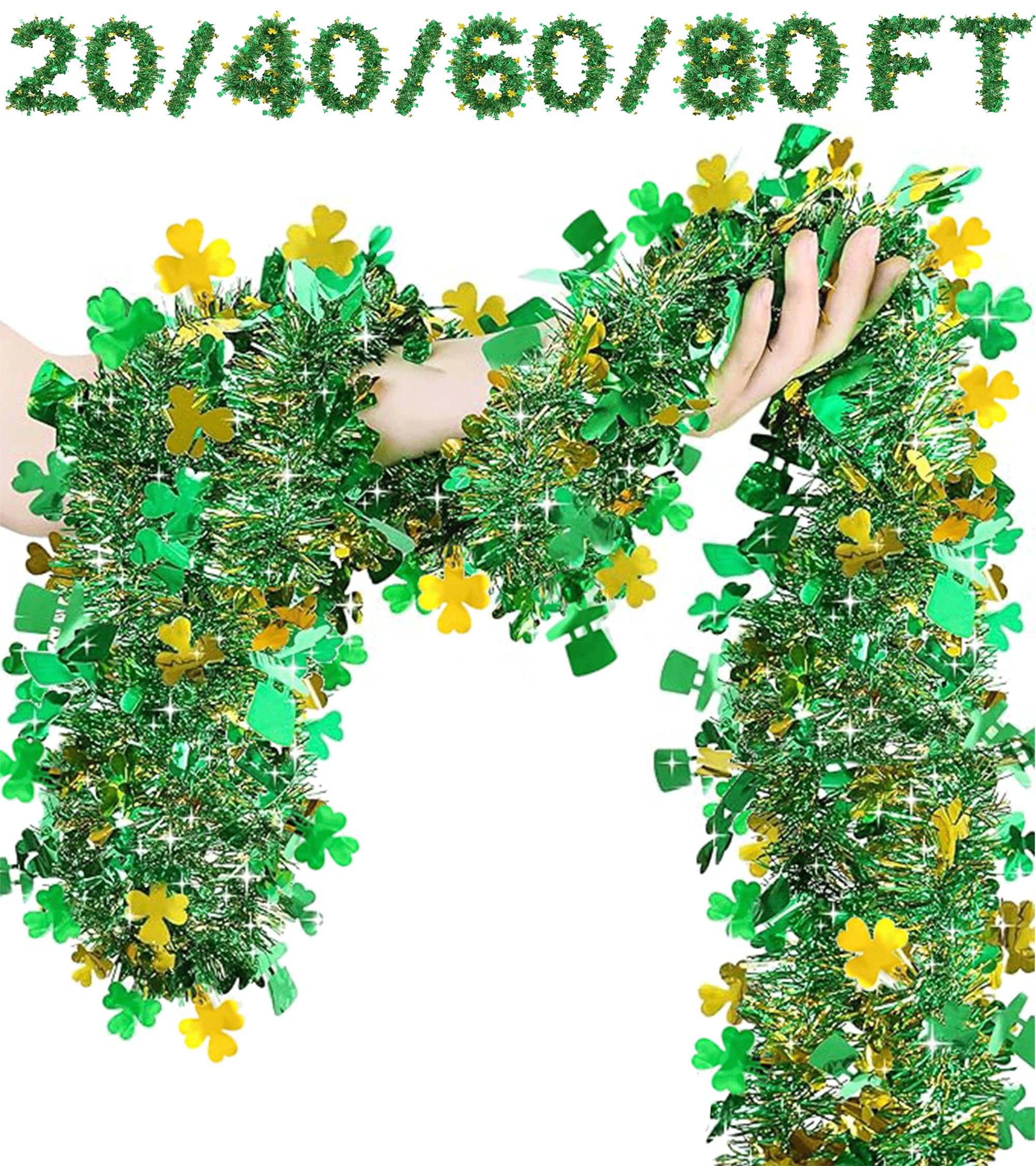 Photo 1 of ?20/40/60/80 FT? St Patricks Day Garland Decor Gold Green Shamrock Hat Tinsel Garland, Shiny Metallic Streamer Twist Garland Hanging St Patricks Day Decorations for Home Indoor Outdoor Party Supplies