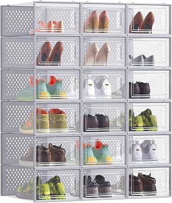 Cajas de Zapatos Plástico, Juego de 18 Organizadores de Almacenamiento, Caja Zapatero Plástico Plegable y Apilable para Zapatillas hasta talla 44, Transparente y Gris LSP006G18
