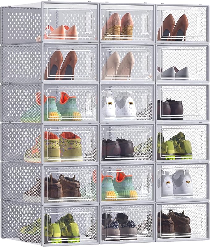 Cajas de Zapatos Plástico, Juego de 18 Organizadores de Almacenamiento, Caja Zapatero Plástico Plegable y Apilable para Zapatillas hasta talla 44, Transparente y Gris LSP006G18