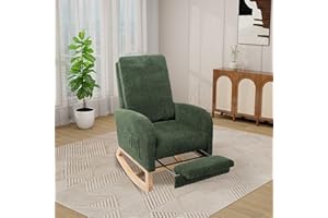ZKZLAT Rocking Chair Nursery, High Back Glider Chair with Retractable Foot Rest, Side Pocket, Rocking Accent Armchair with Rubber Wood Legs, for Indoor Living Room Bedroom.(Green 2)