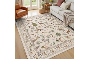 5x7 Area Rug, Washable Non-Slip Boho Animal Print Rug, Vintage Jungle Botanical Carpet for Living Room, Soft Low Pile Non-She