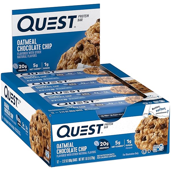 QUEST NUTRITION OATMEAL CHOCOLATE CHIP PROTEIN BARS, 20G PROTEIN, 1G SUGAR, 5G NET CARB, GLUTEN FREE, KETO FRIENDLY, 12 COUNT