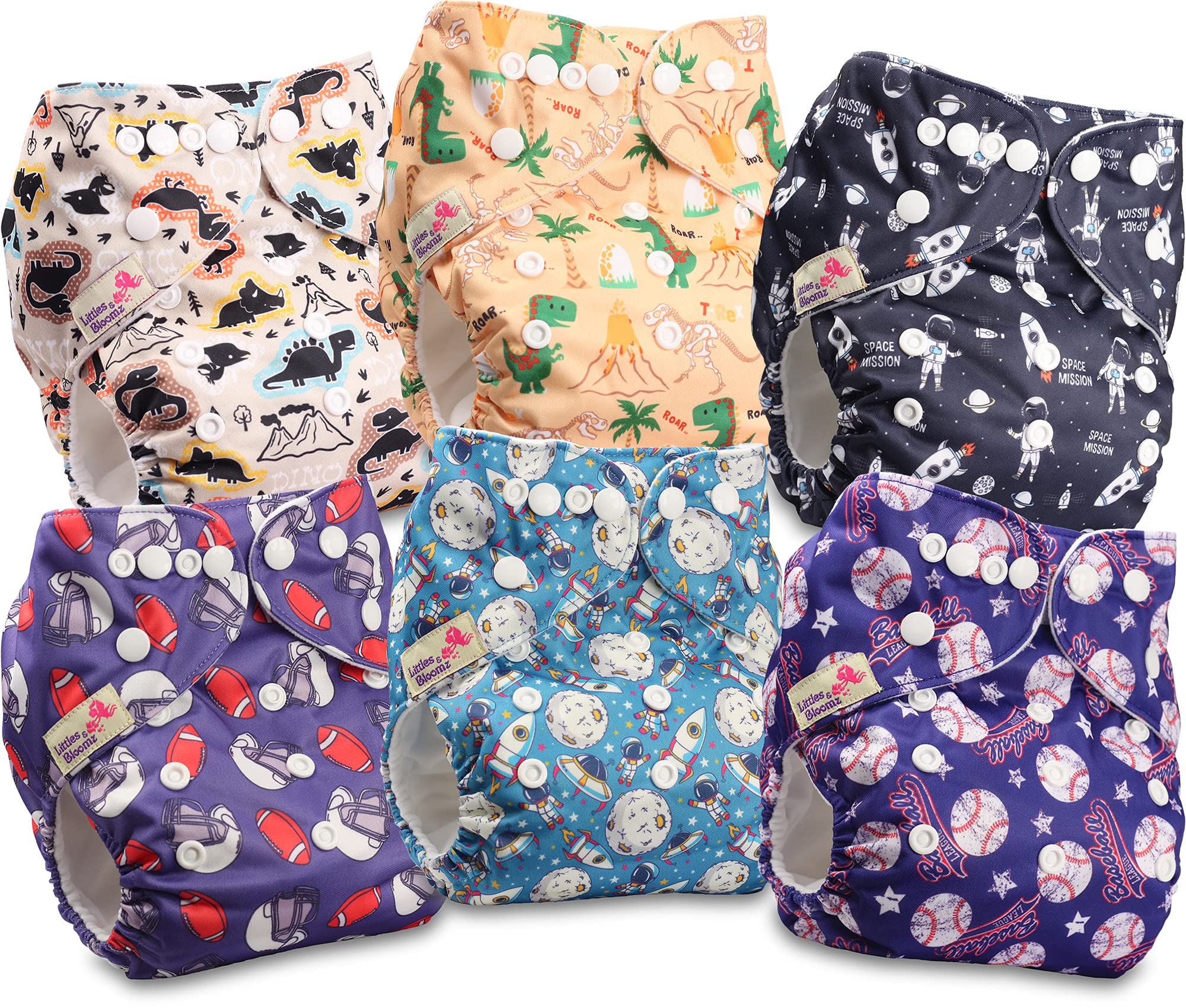 Littles and Bloomz Baby Reusable Pocket Nappy Cloth Diaper, Standard Popper, 6 Nappies, FLP2-0604