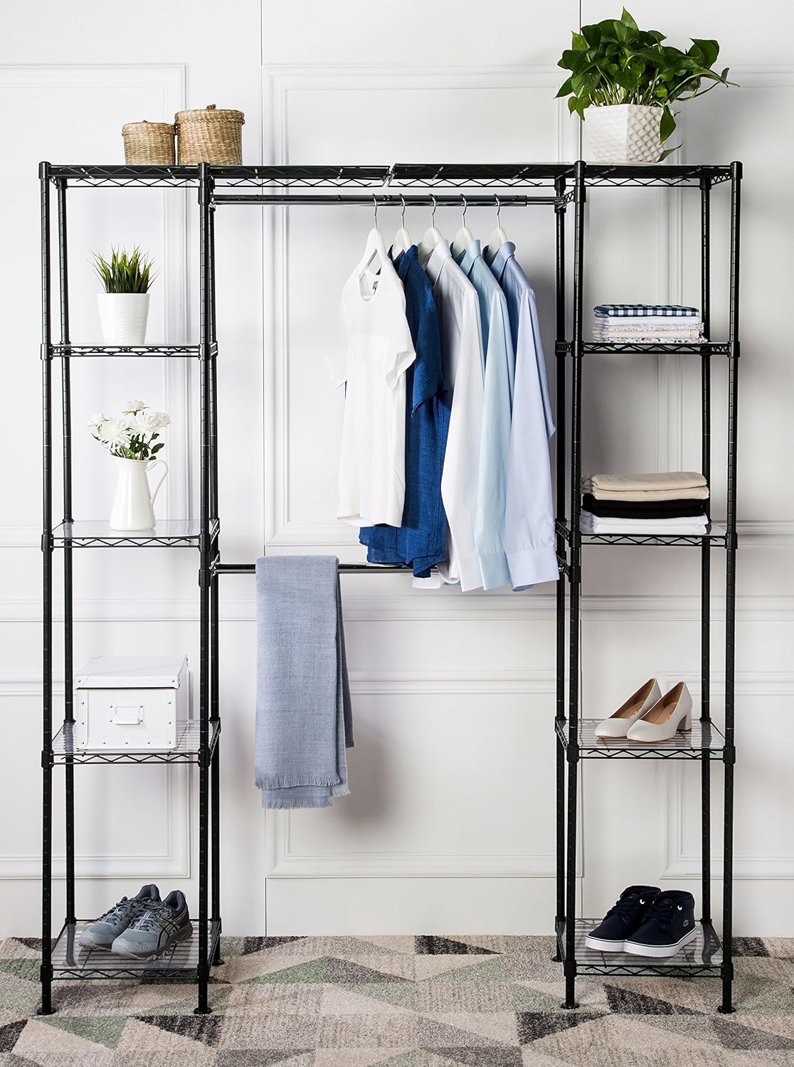 Amazon Basics Expandable Wardrobe and Closet Organizer / Rail with 10 Height-Adjustable Shelves, 521kg Max Weight, Black - Image 3