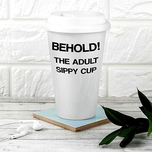 Funny"Adult Sippy Cup" Ceramic Travel Mug with Silicone Lid