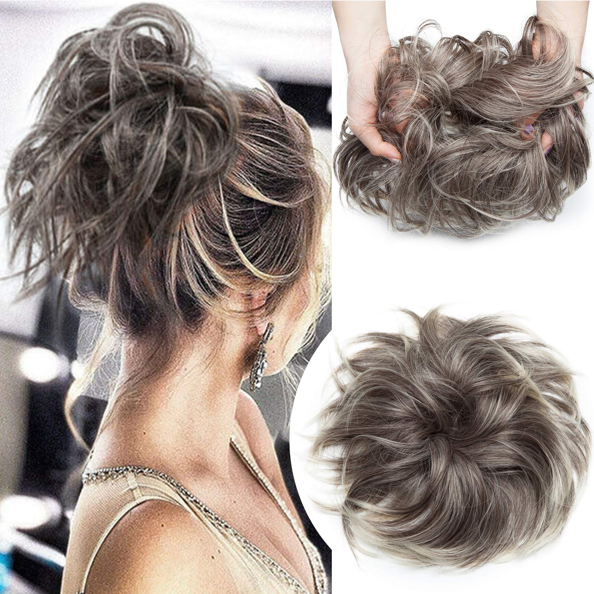 Large Messy Bun Scrunchie Hair Piece Elastic Updo Cover Hair Extension Instant Ponytail Curly 80g 1pc Tousled Synthetic Hairpiece Thick Hair Donut Grey Blonde Highlight