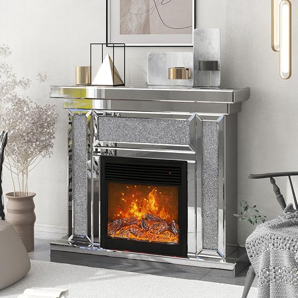 Amazon.com: AUWHALEUS Mirror Electric Fireplace Display Console Table with  Fireplace, Adjustable 3D Flame Effect Heater Firebox with Remote Control,  Faux Diamonds Freestanding Fireplace for Living Room, Silver : Home u0026  Kitchen