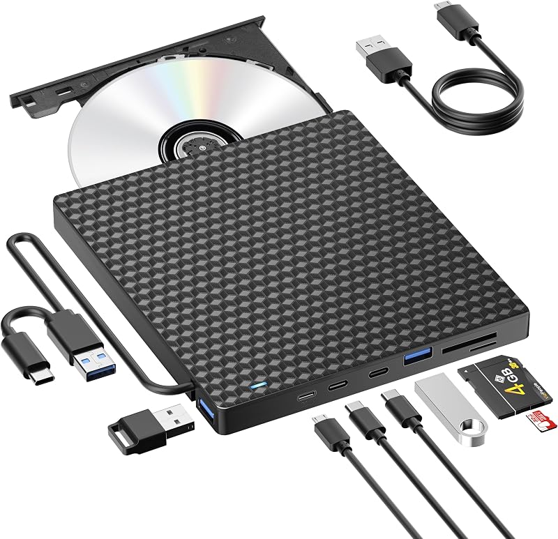 Externes DVD CD Laufwerk Extern, USB 3.0 USB C Externes CD Laufwerk für Laptop Desktop PC Macbook iMac, DVD +/-RW Brenner Optical Drive Externes DVD Laufwerk für Windows 11/10/8/7/XP/Linux/Vista/MacOS