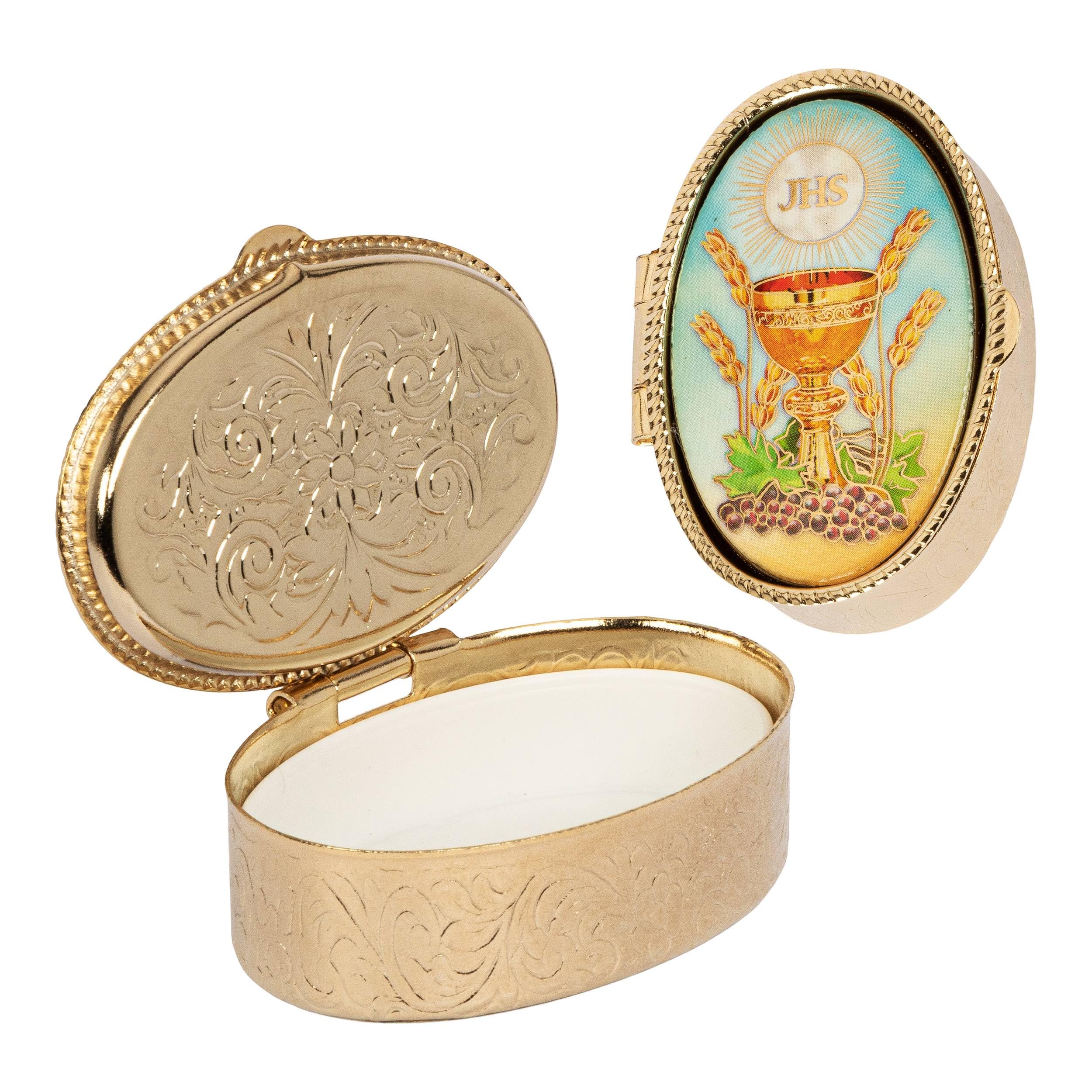 NKlaus metal case gold 5x3,5cm oval rosary box chalice motive confirmation communion 2545